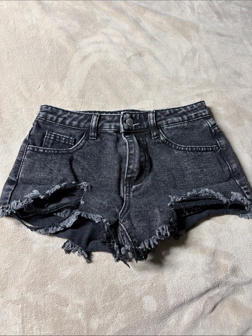 SHEIN Washed Black Distressed High-Rise Denim Shorts
